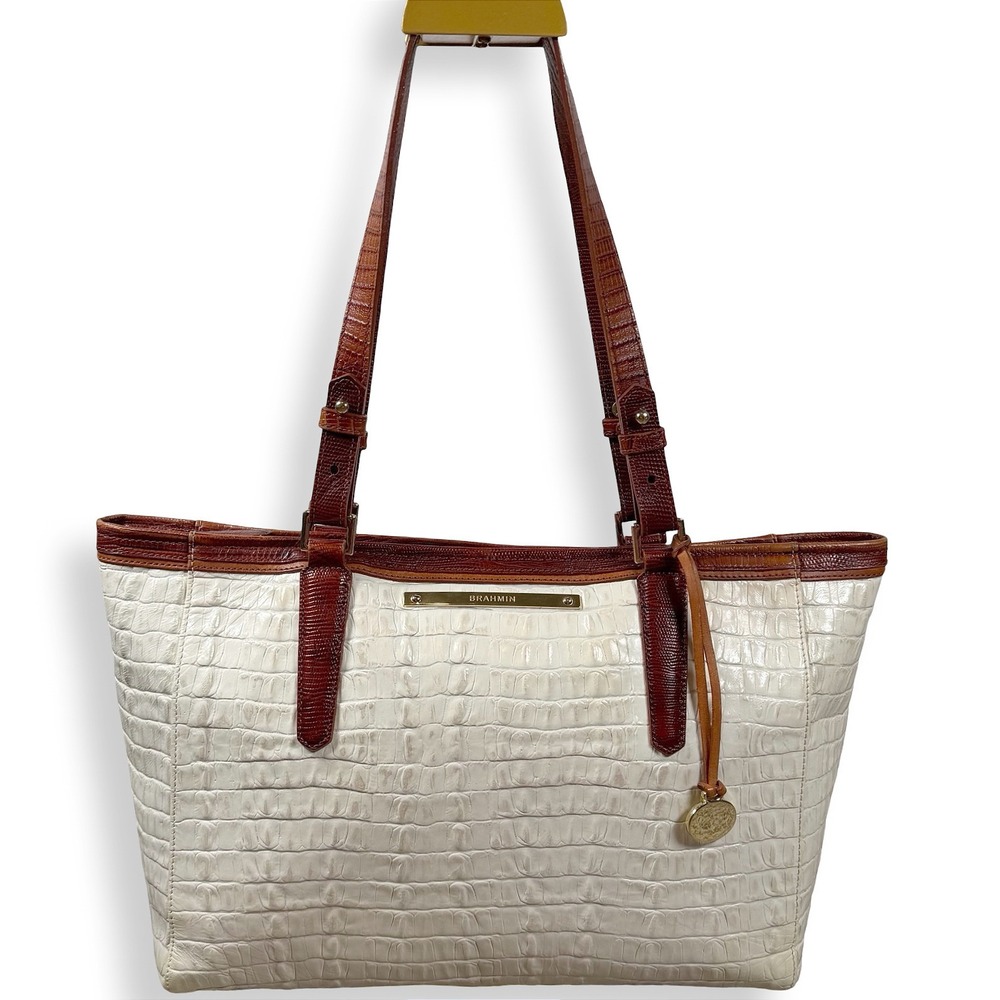 Brahmin Asher Cream Brown Croc Embossed Leather Tote Shoulder Bag Gold Hardware
